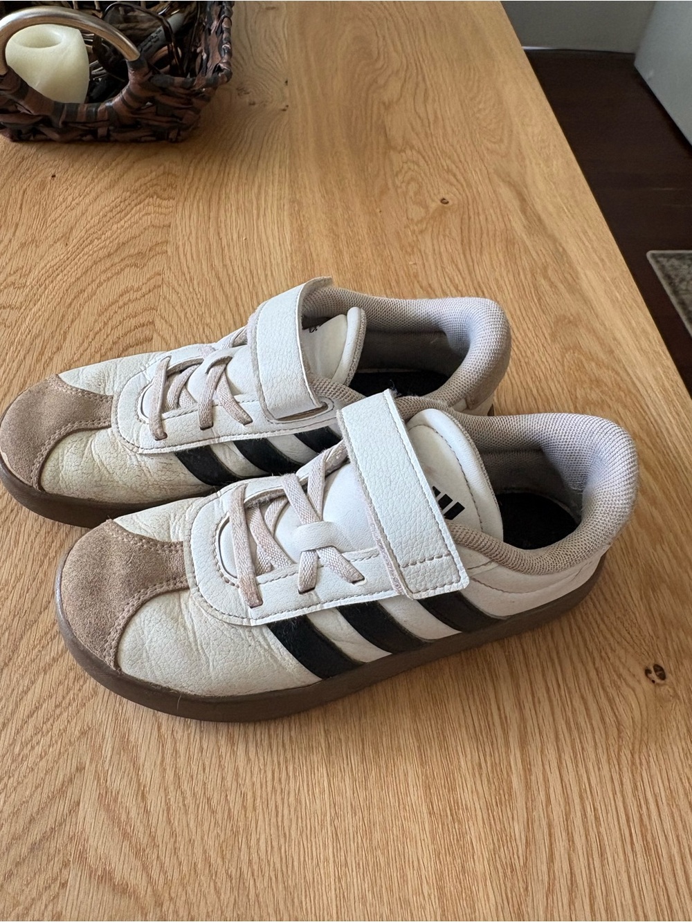 adidas Kids White Sneakers with Brown Accents and Black Stripes